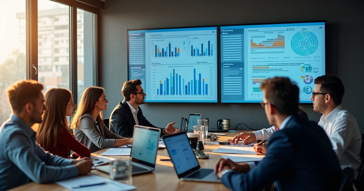 Profissionais discutindo estratégias de conteúdo em frente a computadores. 