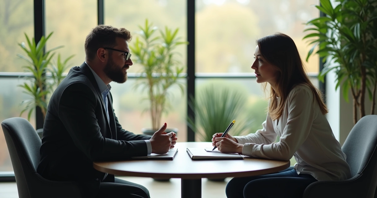 Duas pessoas conversando em ambiente profissional calmo. 