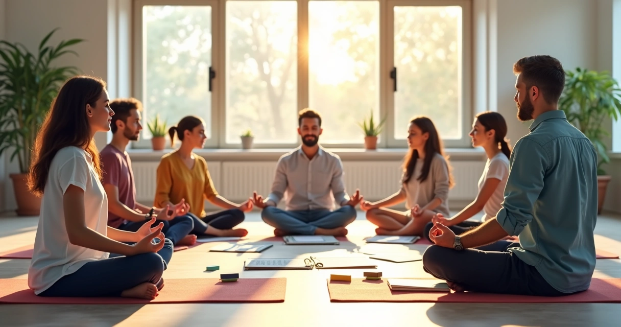 Equipe de líderes meditando juntos em círculo