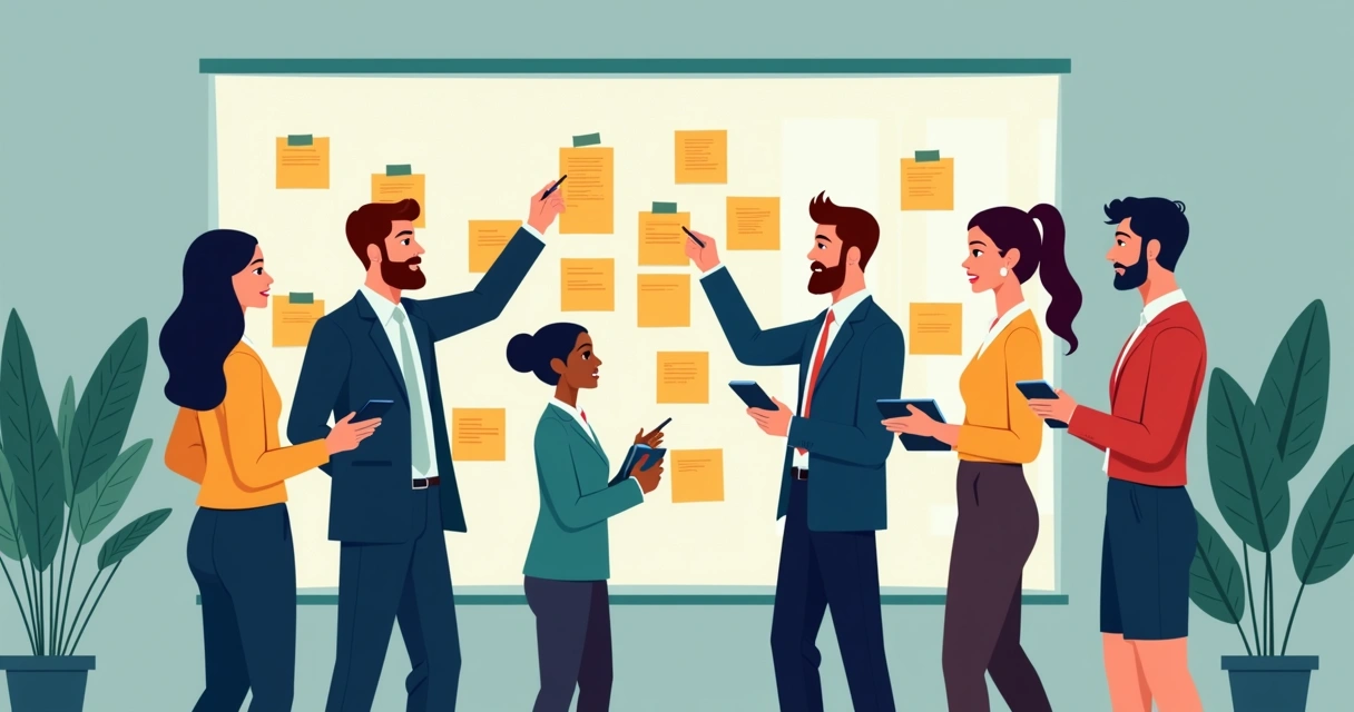 Equipe de líderes participando de workshop colaborativo com post-its em painel de planejamento 