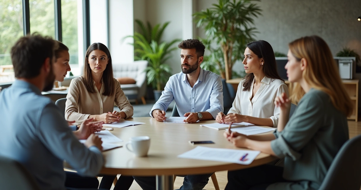 Gestores escutando colaboradores de diferentes áreas durante conversa interna na empresa 