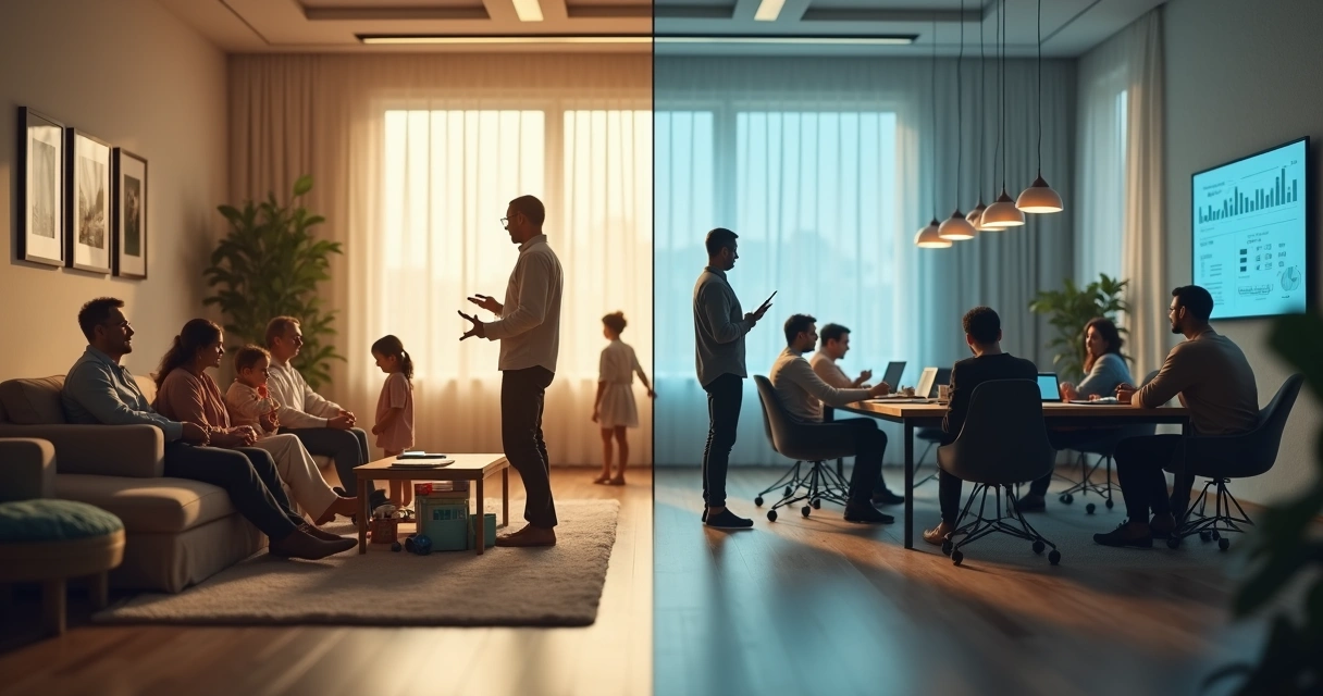Duas silhuetas liderando grupos separados por parede translúcida 