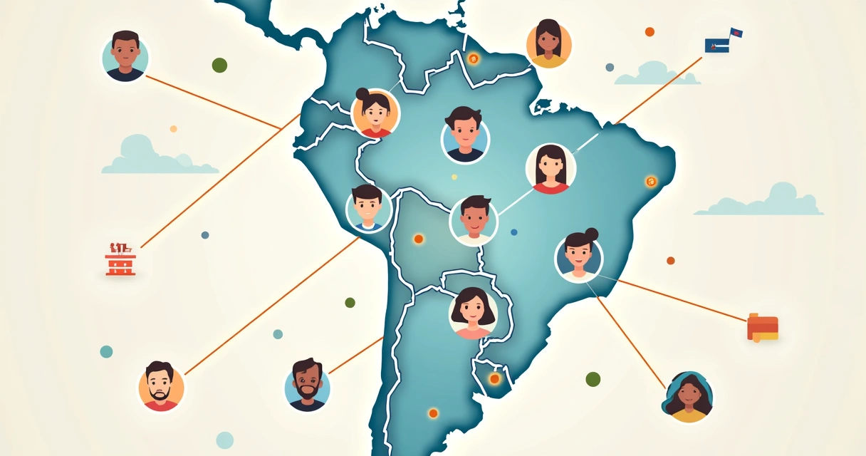 Representação de lideranças regionais conectadas por linhas em mapa do Brasil