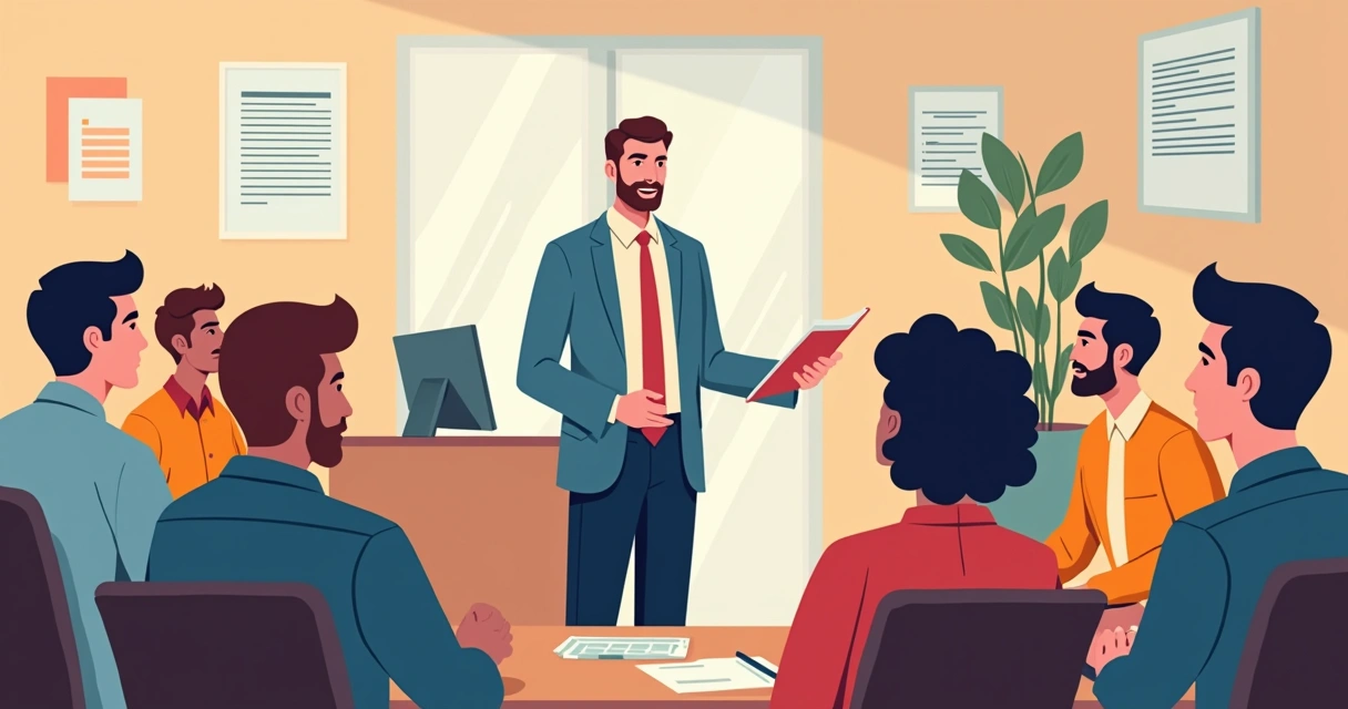 Liderança sindical conversando com trabalhadores em grupo circular. 