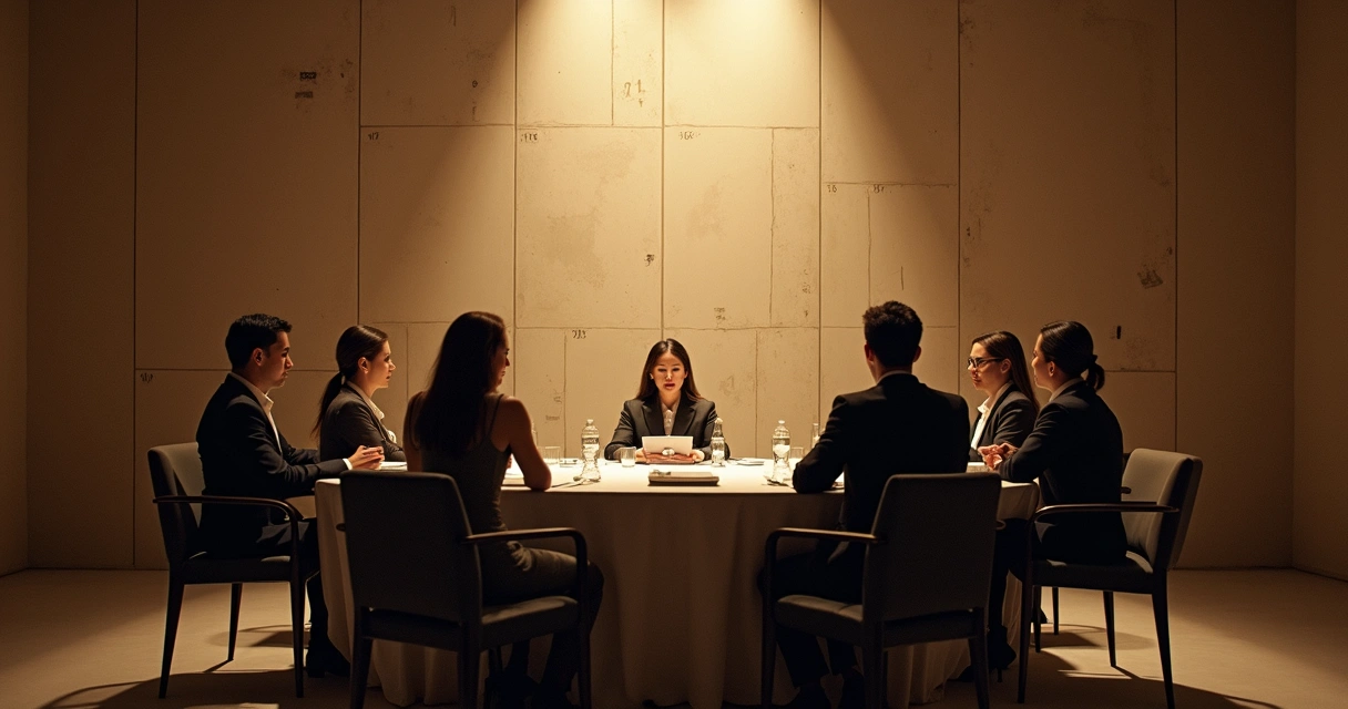 Vários líderes de diferentes gerações em grande sala de reuniões 