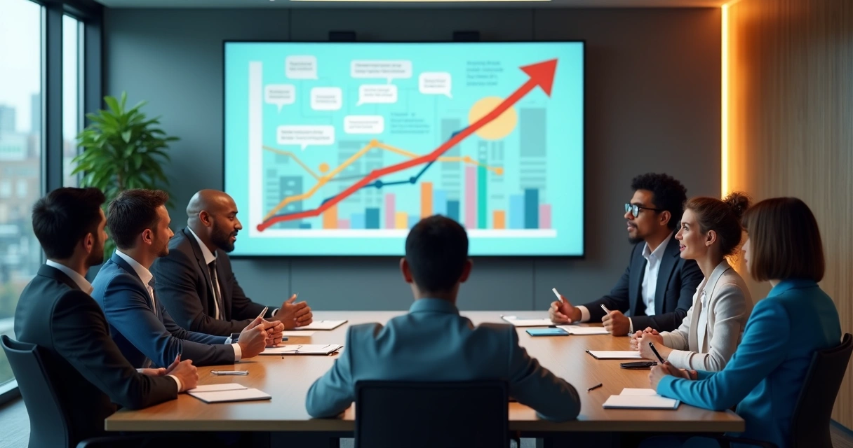 Equipe de líderes assistindo a simulações animadas em sala de reunião 