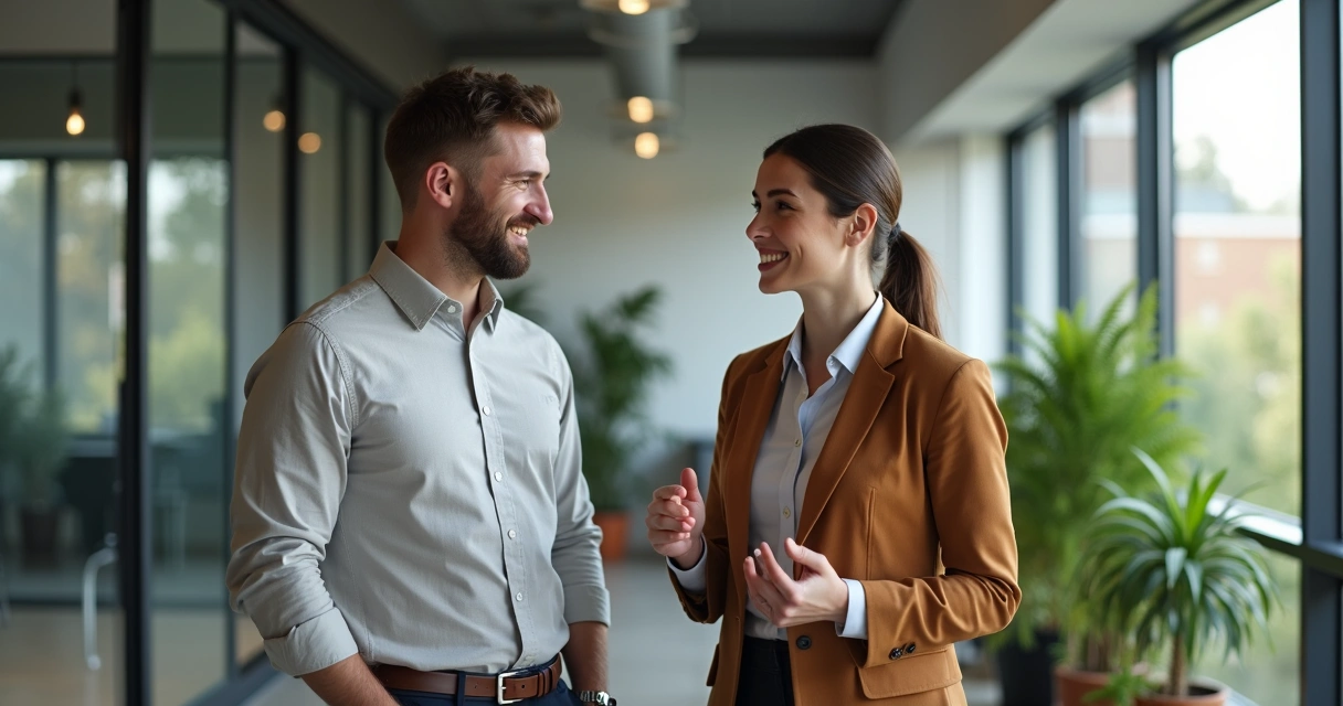 Líder sorrindo e conversando com colaborador em ambiente de trabalho 