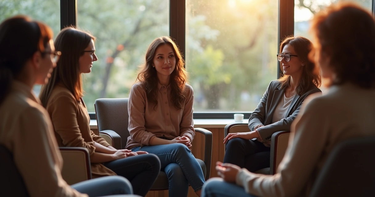 Equipe de escritório reunida em círculo, todos ouvindo com atenção a fala de uma mulher no centro. Luz suave, ambiente acolhedor, expressões serenas. 