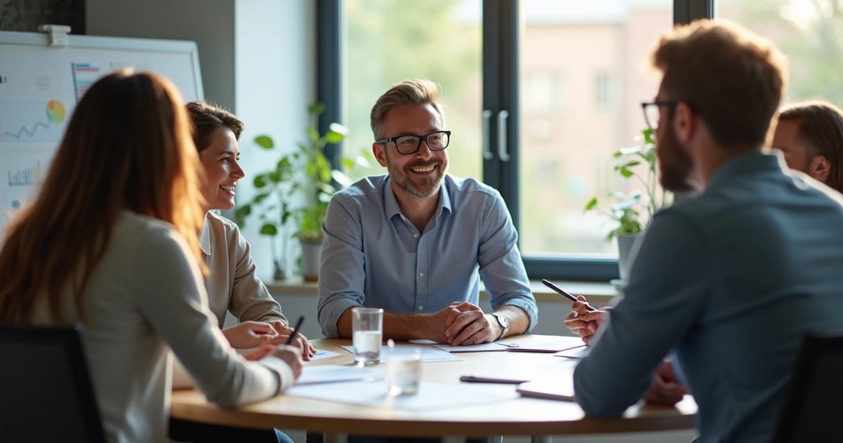 Líder sorridente em reunião com equipe, ambiente claro e colaborativo 