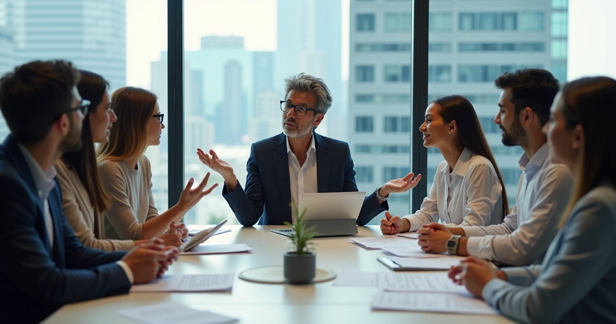 Equipe discutindo em reunião, com líder atento e participativo 