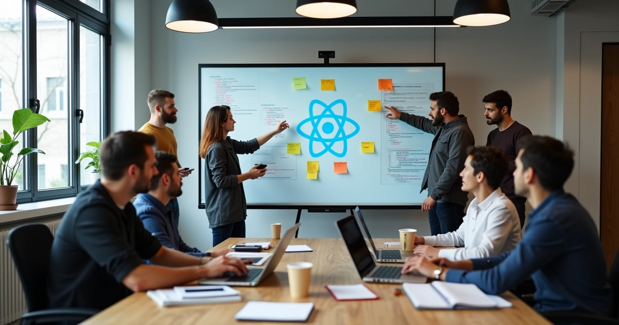 Equipe multidisciplinar colaborando em projeto de React Native com quadro de tarefas ágeis 