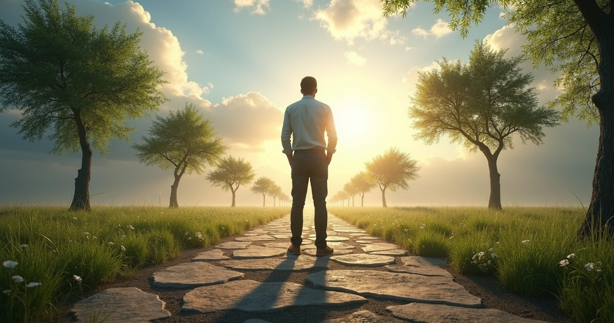 Persona de pie delante de un camino con bifurcaciones y símbolos de cambio y crecimiento 