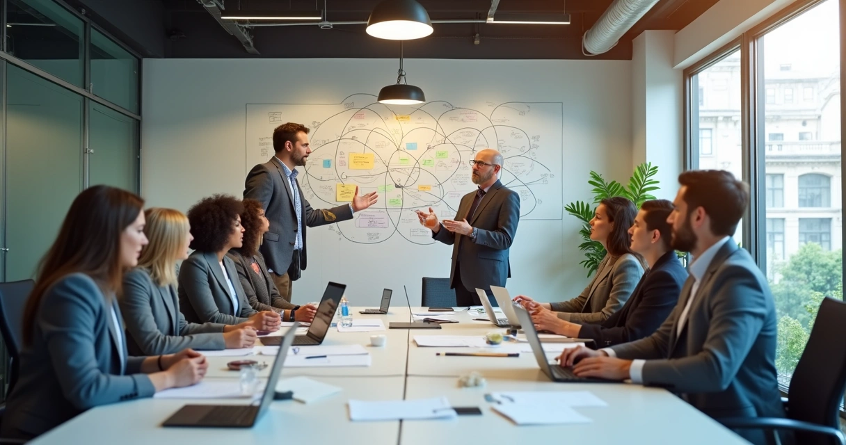 Reunión de equipo moderno con pizarras y notas adhesivas, personas dialogando y resolviendo problemas juntos 