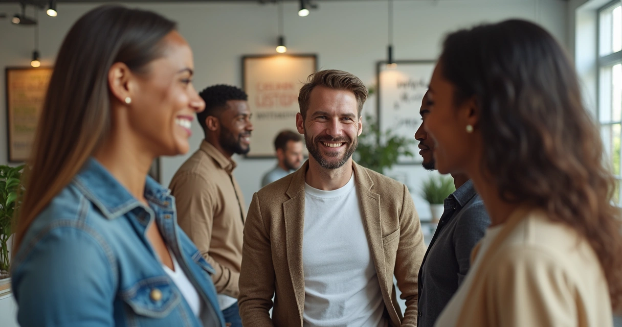 Líder auténtico sonriente rodeado de su equipo en una oficina moderna