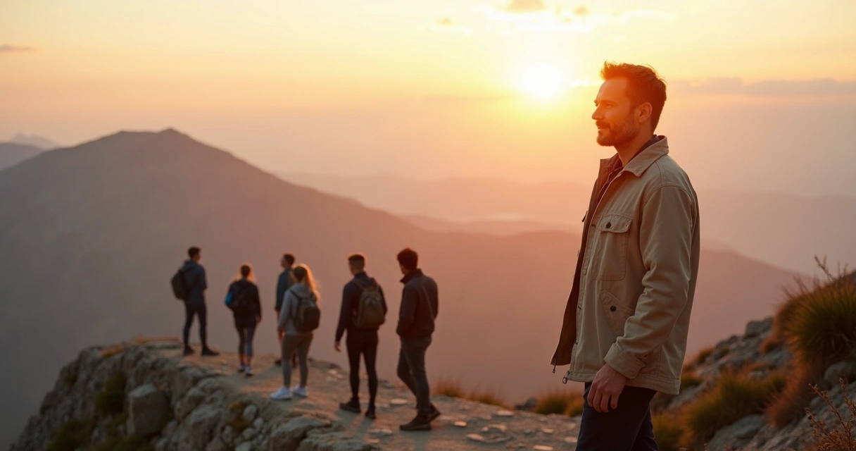 Líder sereno en la cima de una montaña guiando a un equipo unido al amanecer 