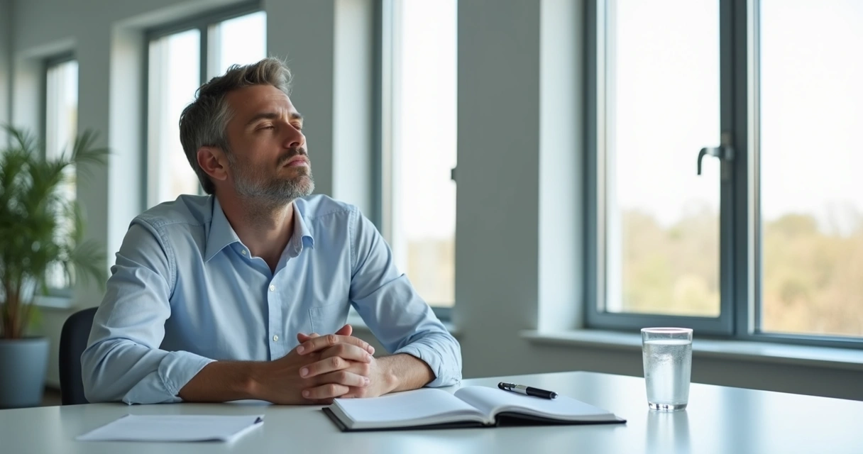 Líder reflexionando en una sala de reuniones tranquila 