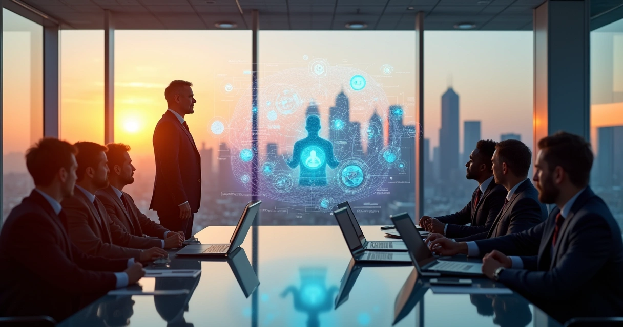 Líder observando un tablero holográfico de autoconocimiento en una sala de reuniones moderna 