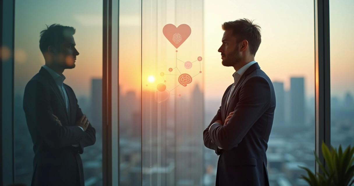 Persona líder observando su reflejo en vidrio con ciudad moderna de fondo 