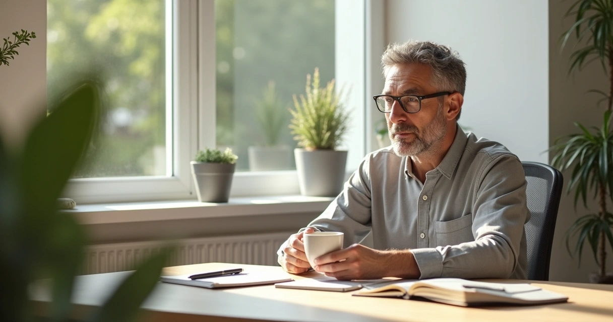 Líder descansando junto a una ventana, con agenda, taza de té y luz natural 