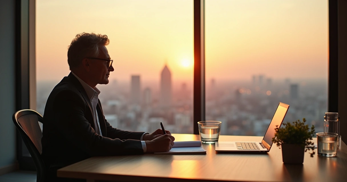 Líder reflexionando frente a la ventana con libreta en mano 