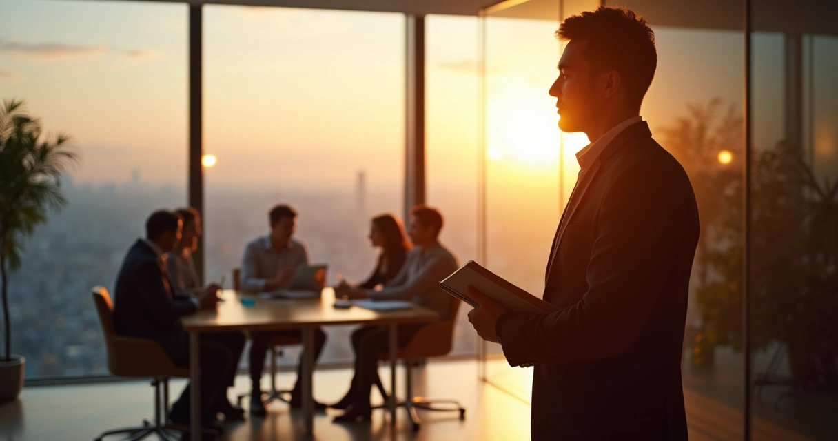 Líder reflexionando frente a una ventana con siluetas de equipo al fondo 