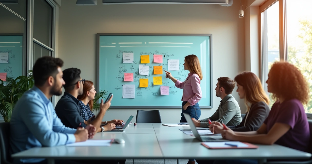 Reunión de equipo donde varias personas miran una pizarra con esquemas y un líder invita al diálogo, en una sala luminosa 