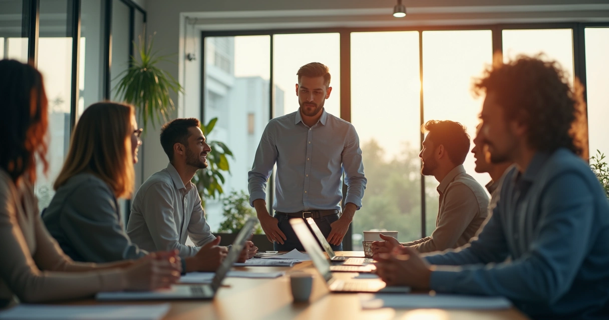 Líder de equipo guiando una conversación serena con su grupo