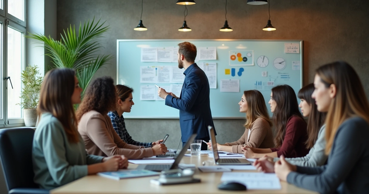 Líder colaborando con su equipo en una oficina 