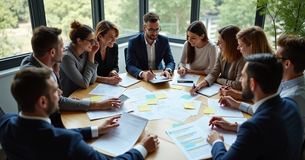 Equipo diverso de personas trabajando juntos en círculo, compartiendo ideas. 