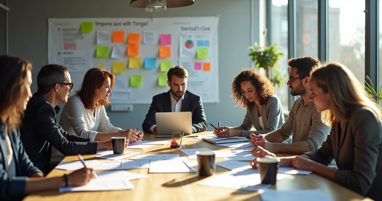 Trabajo en equipo tomando decisiones alrededor de una mesa sin líder aparente 