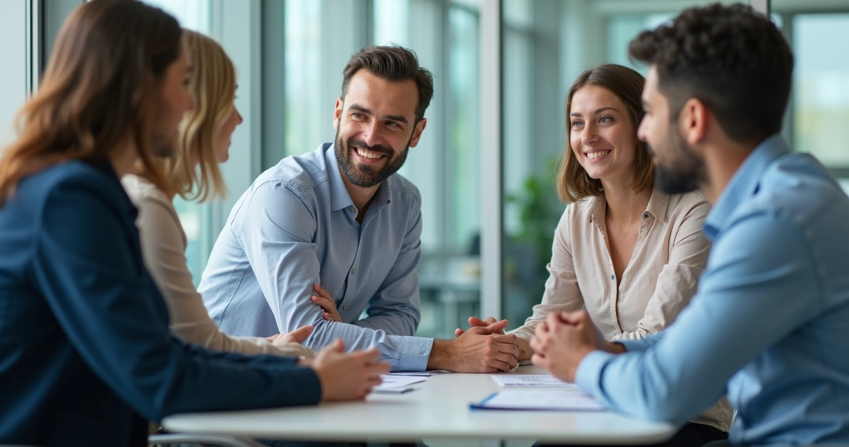Líder escuchando a su equipo en una sala de reuniones, actitud abierta y empática 