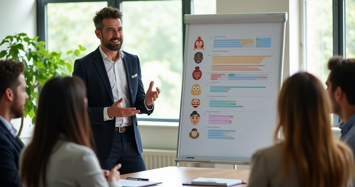 Líder empresarial guiando a un equipo en una dinámica emocional