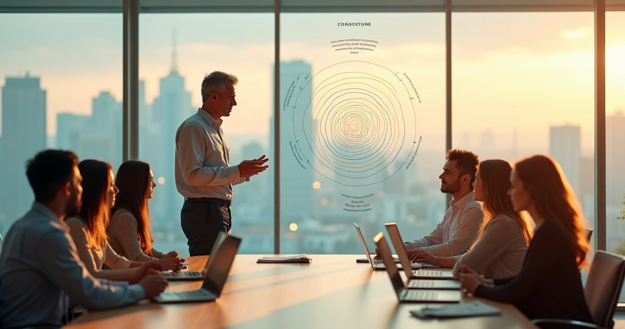 Líder reflexivo guiando a un equipo diverso en una sala moderna iluminada 