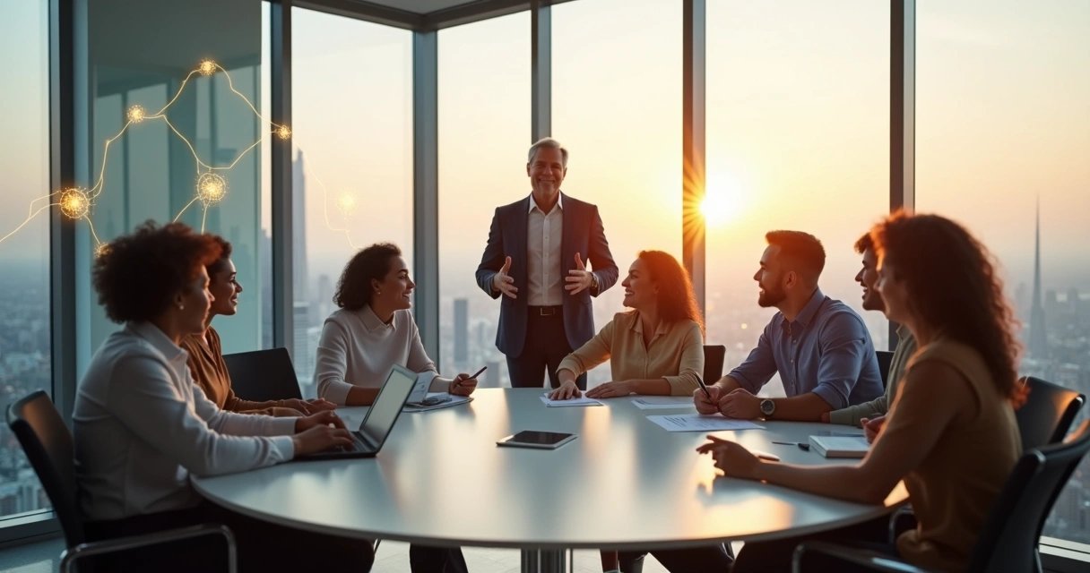 Líder guiando a un equipo diverso en un entorno moderno con luz suave 