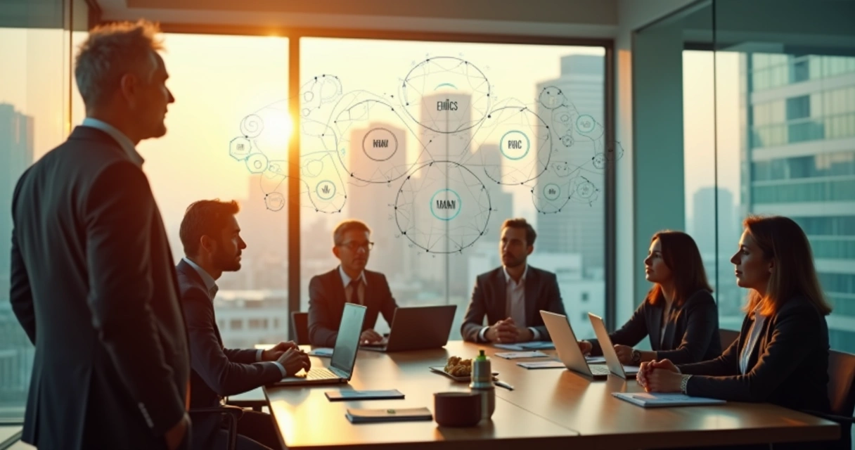 Líder observando equipo diverso en reunión estratégica con enfoque humano y consciente 