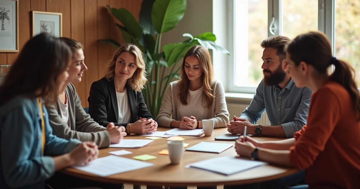 Personas diversas en círculo colaborando y compartiendo ideas en una mesa redonda, papeles y dispositivos sobre la mesa 