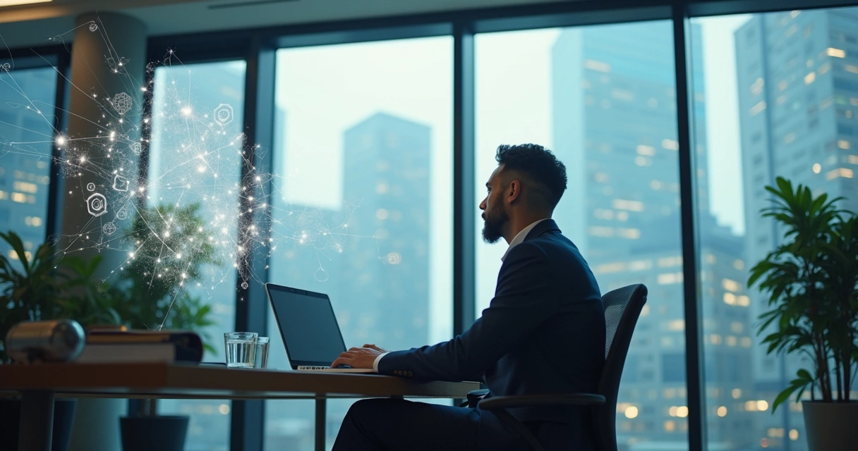 Líder de empresa sentado en su oficina reflexionando sobre conexiones invisibles. 