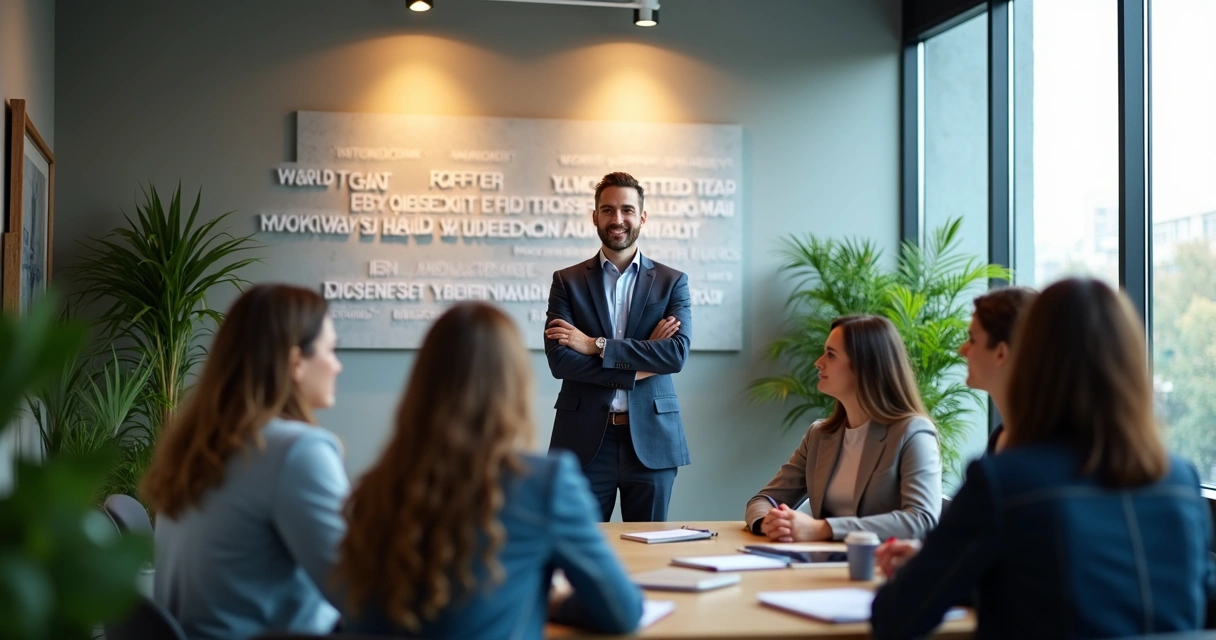 Líder facilitando conversación honesta en una oficina moderna 