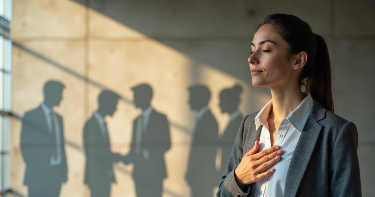 Líder observando sus emociones frente a una pared con sombras que simbolizan bloqueos internos 