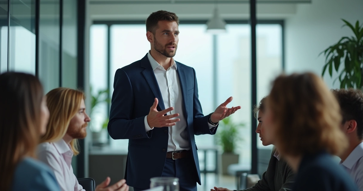Líder de empresa orientando al equipo durante una situación de crisis, gesticulando con calma 
