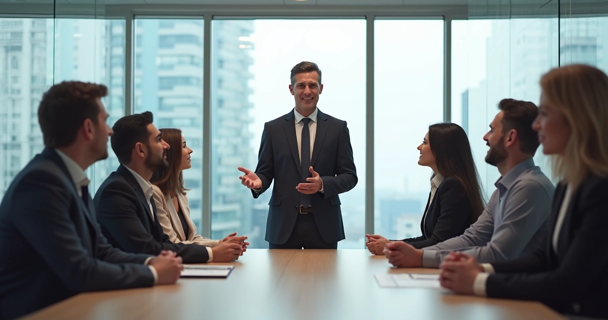 Equipo directivo reunido escuchando a un líder que habla con atención y empatía.