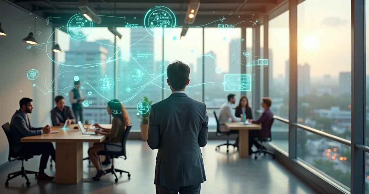 Líder observando un panel holográfico con equipos y cambios alrededor 
