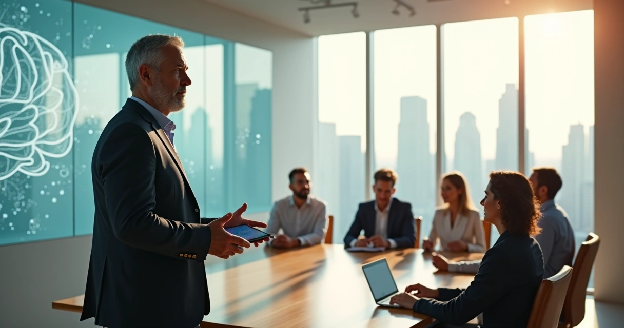 Líder reflexivo frente a un equipo diverso con ciudad futurista al fondo 