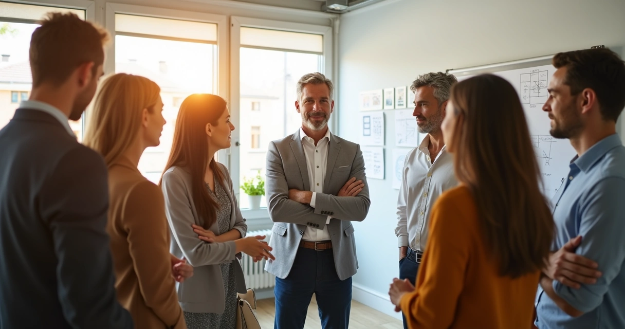Grupo de personas en círculo, líder hablando y todos atentos, ambiente luminoso de oficina moderna 