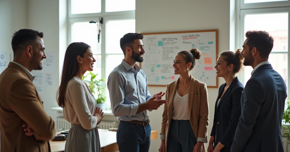 Reunión de equipo con líder involucrado y personas escuchándose