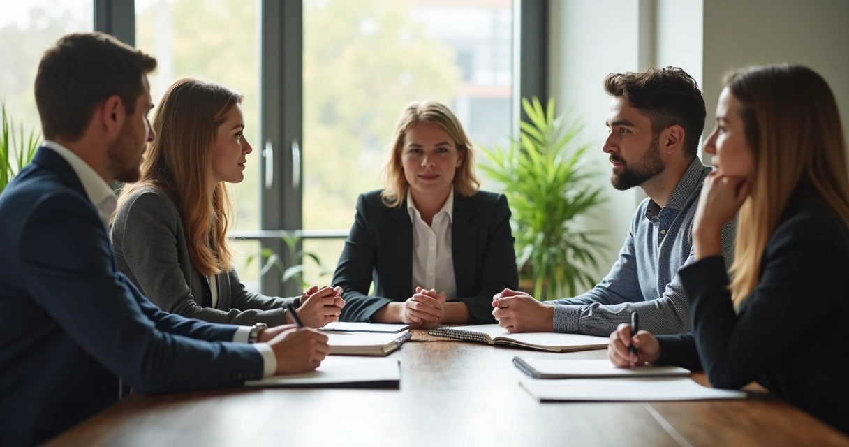 Personas en una reunión interactuando con atención y escucha activa 