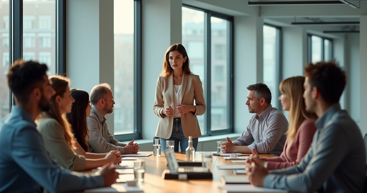 Líder hablando con su equipo en una sala moderna con luz natural 