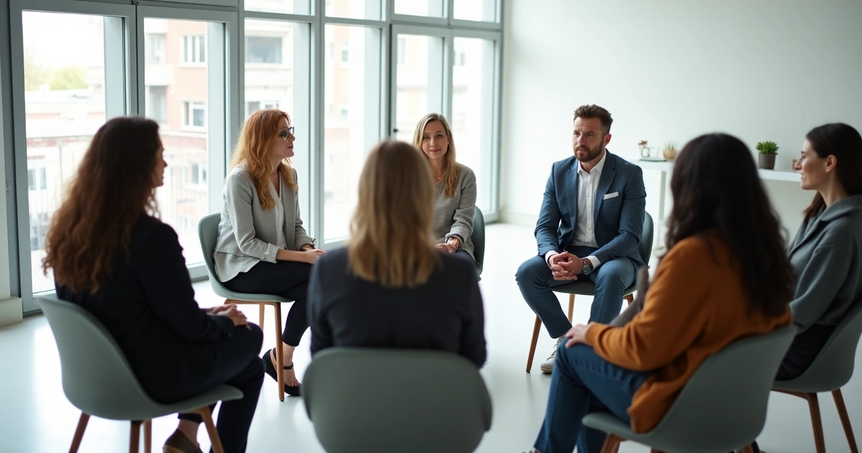 Equipo diverso de trabajo en círculo atentos a líder hablando 