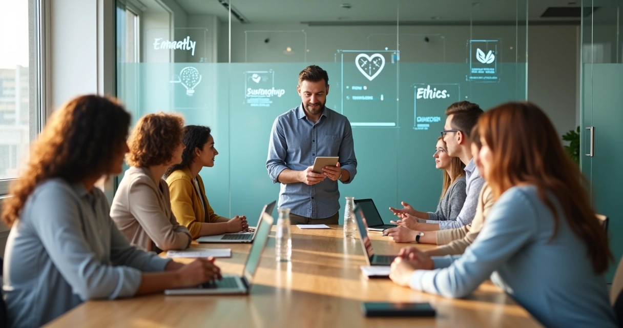 Líder facilitando conversación consciente con equipo diverso en oficina moderna 