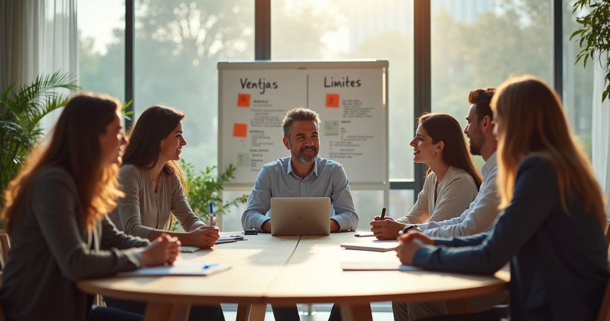 Líder guiando a un equipo en una mesa redonda con luz natural y entorno sereno 
